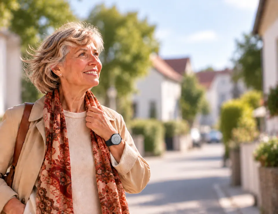 Seniorin mit derButler-Armband in einer Wohnstraße