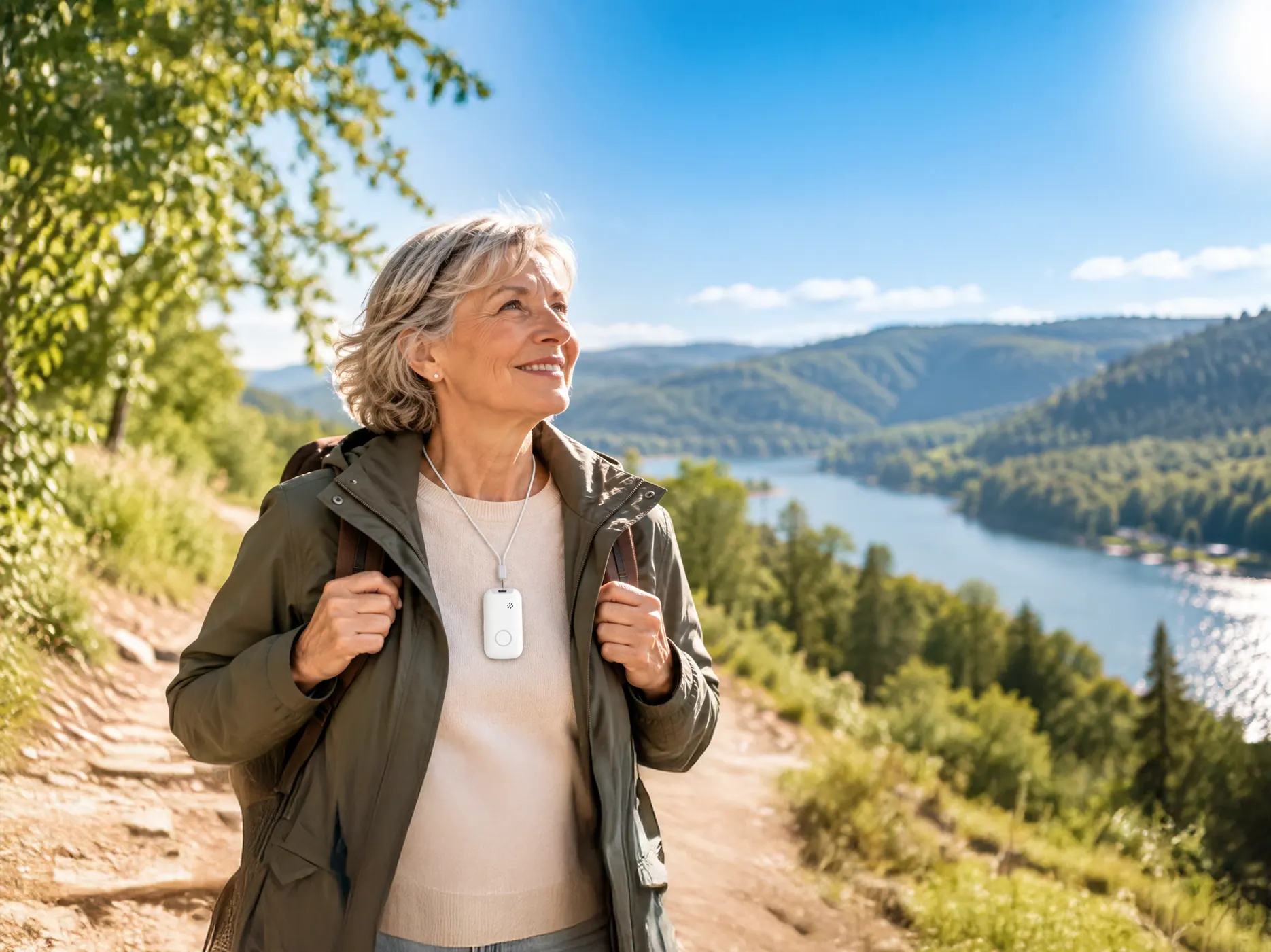 Seniorin genießt vom Aussichtspunkt den Blick über einen See