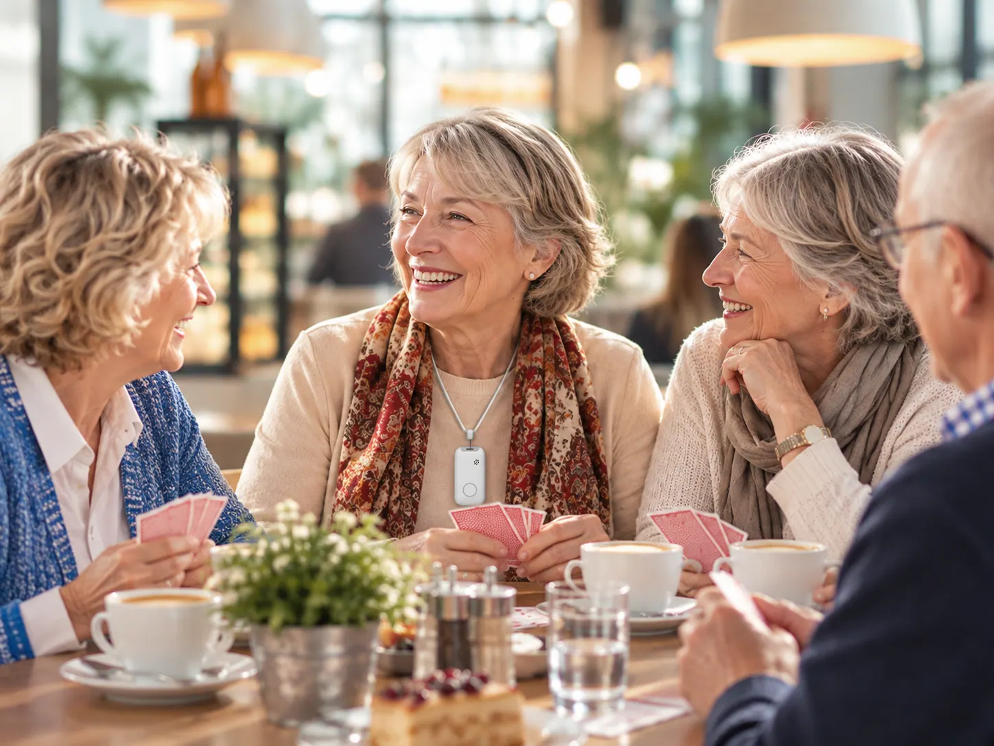 Seniorin beim Kartenspiel mit Freunden im Café