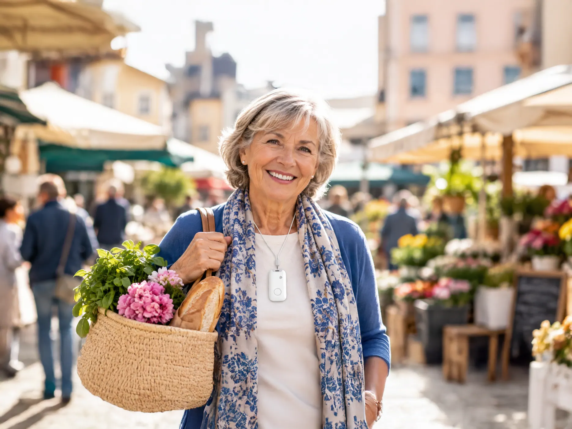 Seniorin mit Einkaufskorb auf dem Wochenmarkt